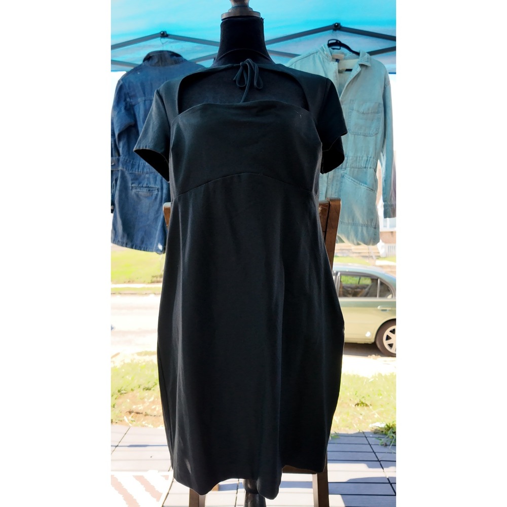 Womens Black Short Sleeve Cutout Tie Neck Mini Dress A-Line Cocktail LBD